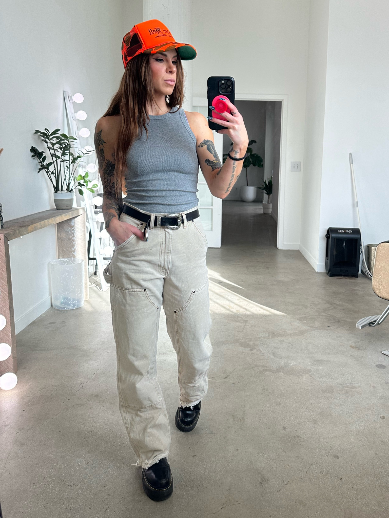 Hoe Dirt. Truck stop chic. Blue collar cutie. Trailer park queen. #truckerhatoutfit 

Hat is Hell Babes. Code: EMMYCOOP for 10% off, you know the drill. Copy link below.👇🏽 

https://collabs.shop/94uslx

Pants are High Rise BDG Carpenter Pants from years ago, no longer sold but tagged similar styles!