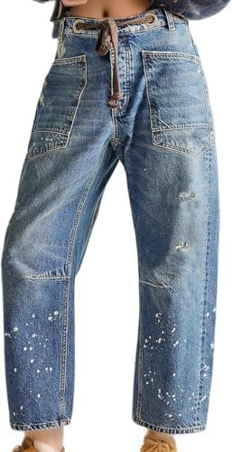 Womens Pull-On Barrel Jeans Mid-Low Rise Boyfriend Drawstring Ankle Baggy Elastic Waist Stretchy ... | Amazon (US)