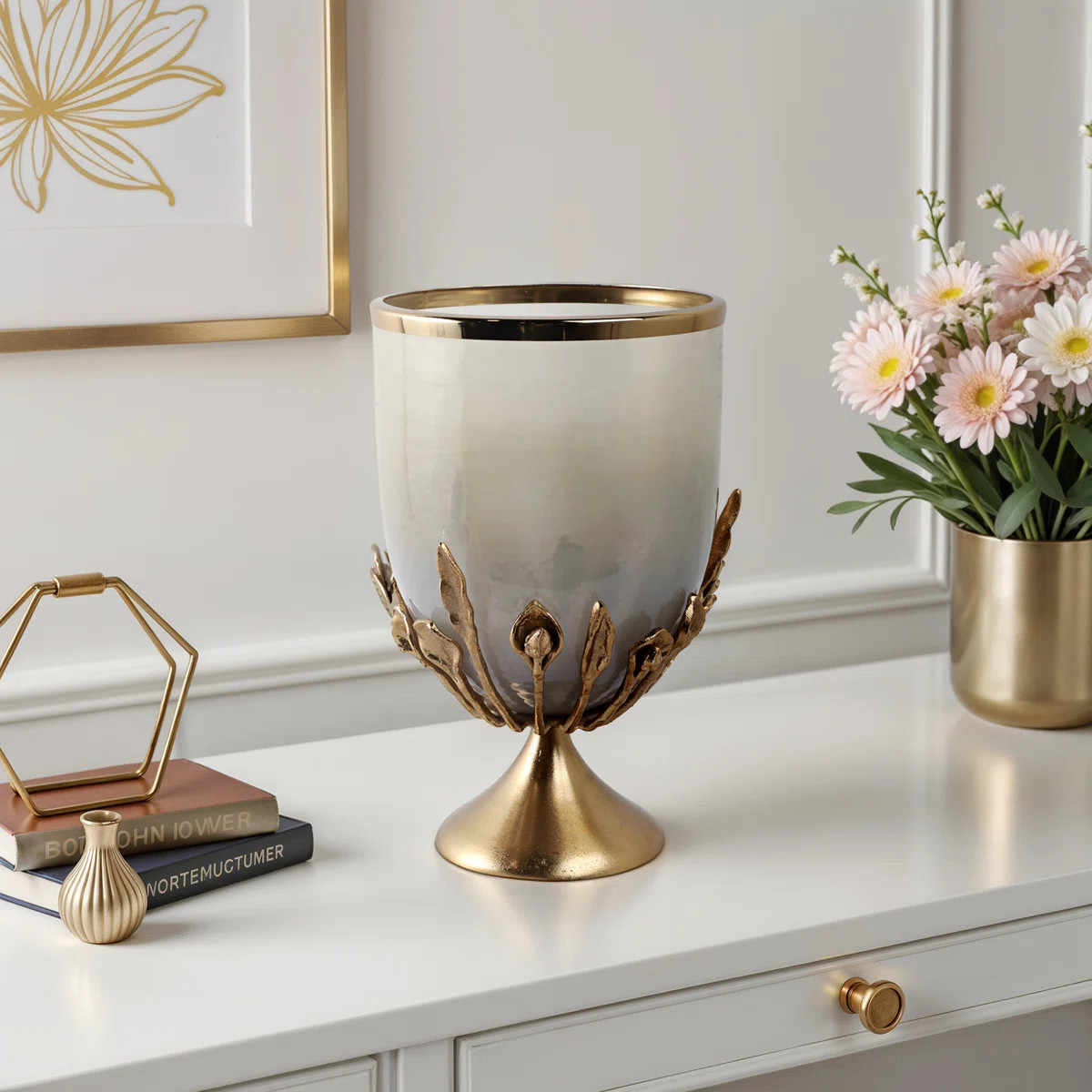 Home Modern Glass Hurricane Candle Holder with Metal Sculpted Leaf Stand - Decorative Pillar Cand... | Wayfair North America
