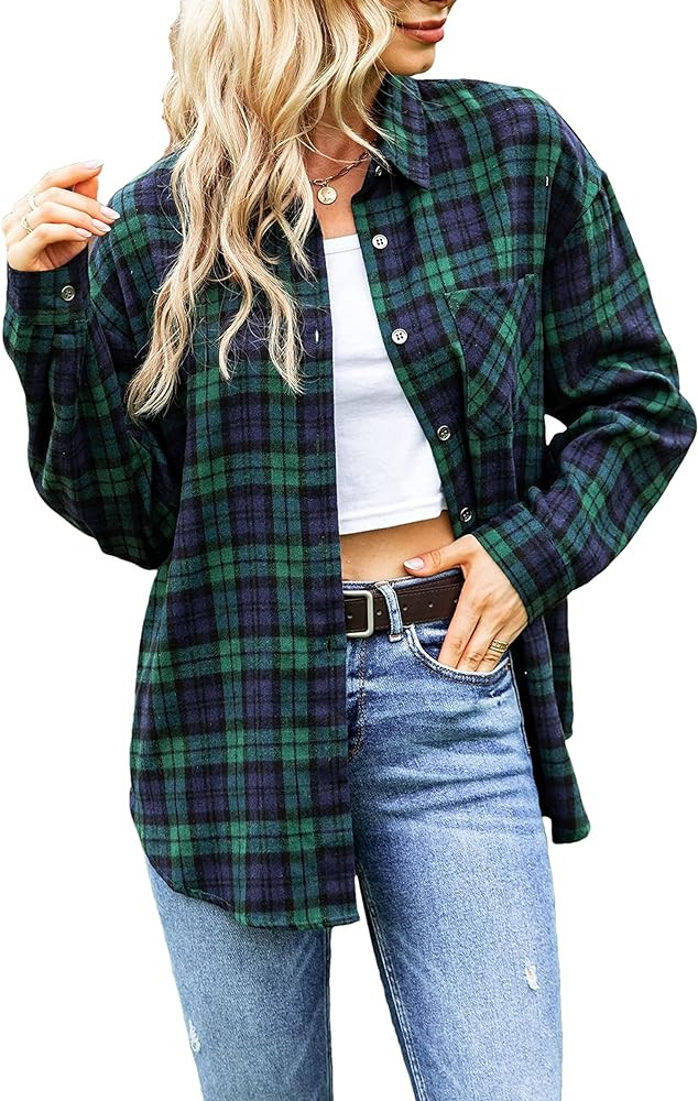 Megfie Oversized Womens Flannel Plaid Soft Flannel Button Down Shirt Roll Up Long Sleeve Flannel ... | Amazon (US)