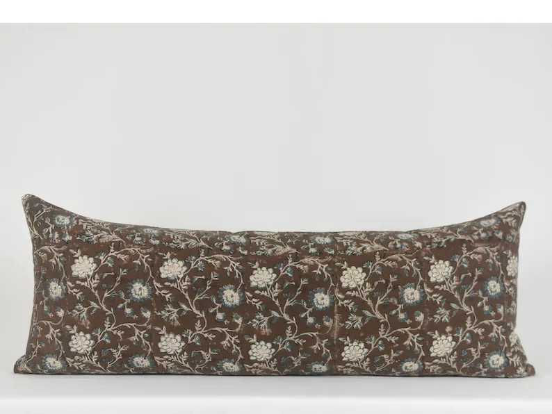 Hand Block Printed Linen Lumbar Pillow: Brown Floral, Brass Zipper - Etsy Canada | Etsy (US)