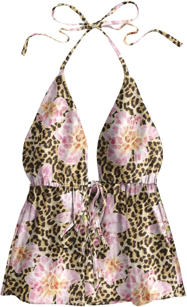 SHENHE Women's Leopard Floral Bow Tie Halter Top Y2k Split Backless Sleeveless Summer Tops | Amazon (US)