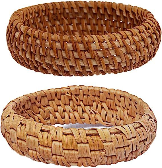 COLORFUL BLING 2Pcs Handwoven Wooden Braided Rattan Knit Cuff Bracelet Natural Bamboo Square Roun... | Amazon (US)