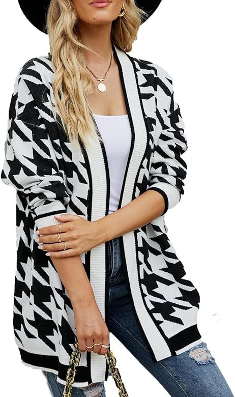 Women's Open Front Long Sleeve Knit Loose Houndstooth Sweater Cardigan | Amazon (US)