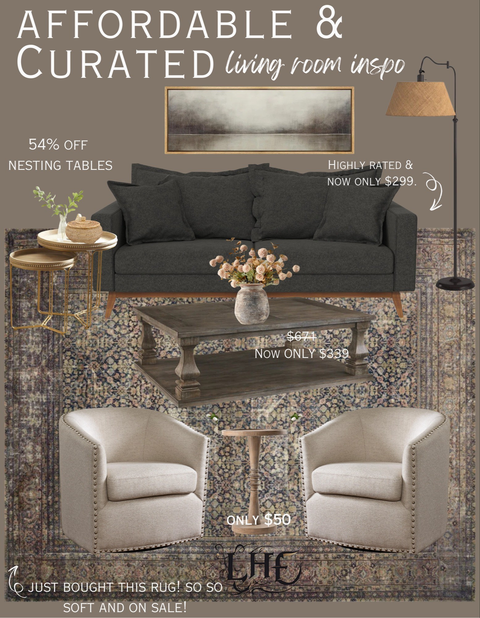 Affordable living room inspo! I just ordered this rug and it's so stunning and so soft! Shop by clicking the thumbnails below 👇... living room, furniture, living room furniture, living room decor, living room rug, vintage rug, wall art, moody wall art,  floor lamp, sofa, couch, highly rated couch, swivel chair, designer inspired, nesting tables, Pedestal table, coffee table, vase, spring flowers, spring florals, modern farmhouse living room, farmhouse living room, loveseat,  small couch 

#LTKHome #LTKSaleAlert #LTKStyleTip