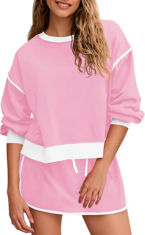 Fisoew Womens Sweatsuits 2 Piece Set Crewneck Sweatshirts High Waisted Skort Skirts Tennis Runnin... | Amazon (US)