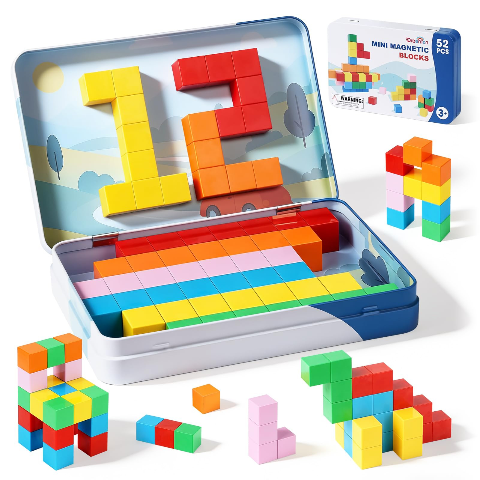 52 PCS Magnetic Blocks with Metal Box, 0.8in Mini Building Cubes Protable Travel Airplane Classro... | Amazon (US)