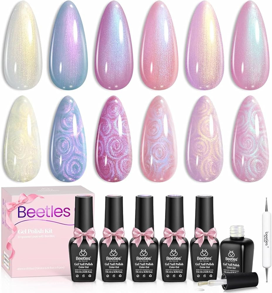 Beetles Pearl Gel Nail Polish, 6 Colors Shimmer Pearl White Pink Purple Mermaid Nail Drawing Spri... | Amazon (US)