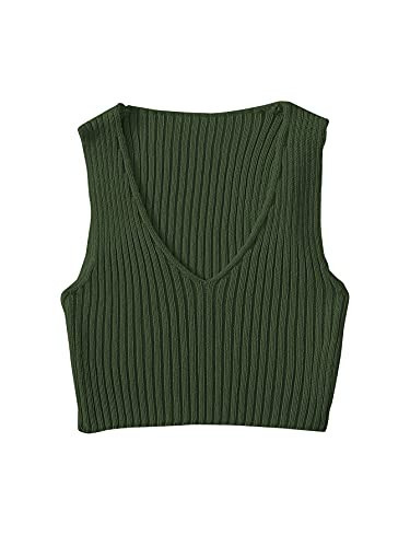 SweatyRocks Women's Ribbed Knit Crop Sleeveless V-Neck Sweater Vest Crop Tank Top Dark Green S | Amazon (US)