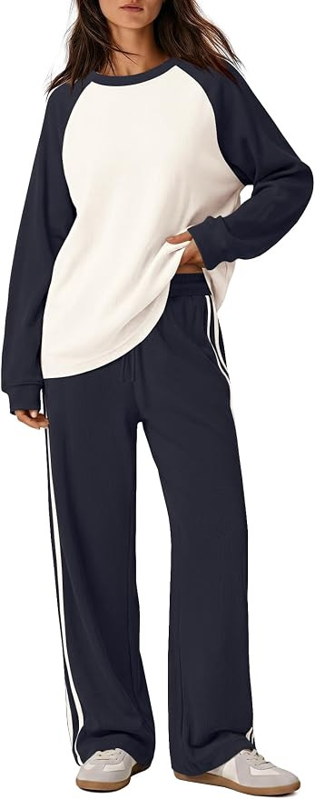 Panadila Women Striped Waffle Knit Lounge Set 2 Piece Oversized Pajama Set | Amazon (US)