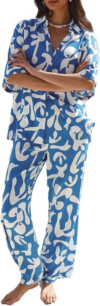 Women 2 piece Lounge Set Boho Print Short Sleeve Button Down Shirt and Wide Leg Pants Linen Set S... | Amazon (US)