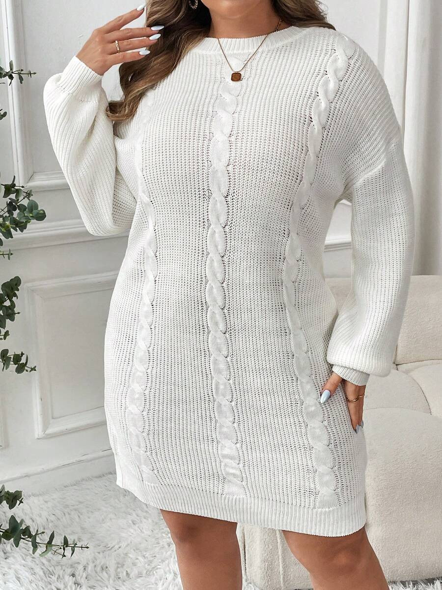 SHEIN Clasi Plus Size V-Neck Cable Knit Sweater Dress | SHEIN