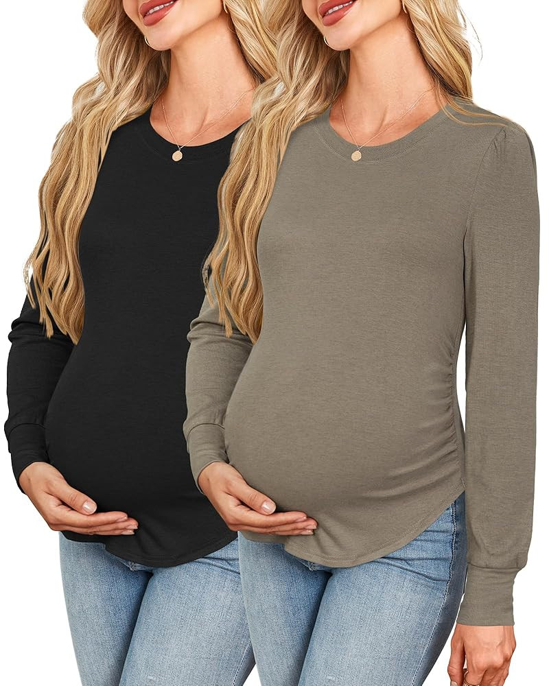 OUGES Womens Stretchy Wool Blend Long Sleeve 2 Packs Maternity Shirts Casual Side Ruched Fall Pre... | Amazon (US)