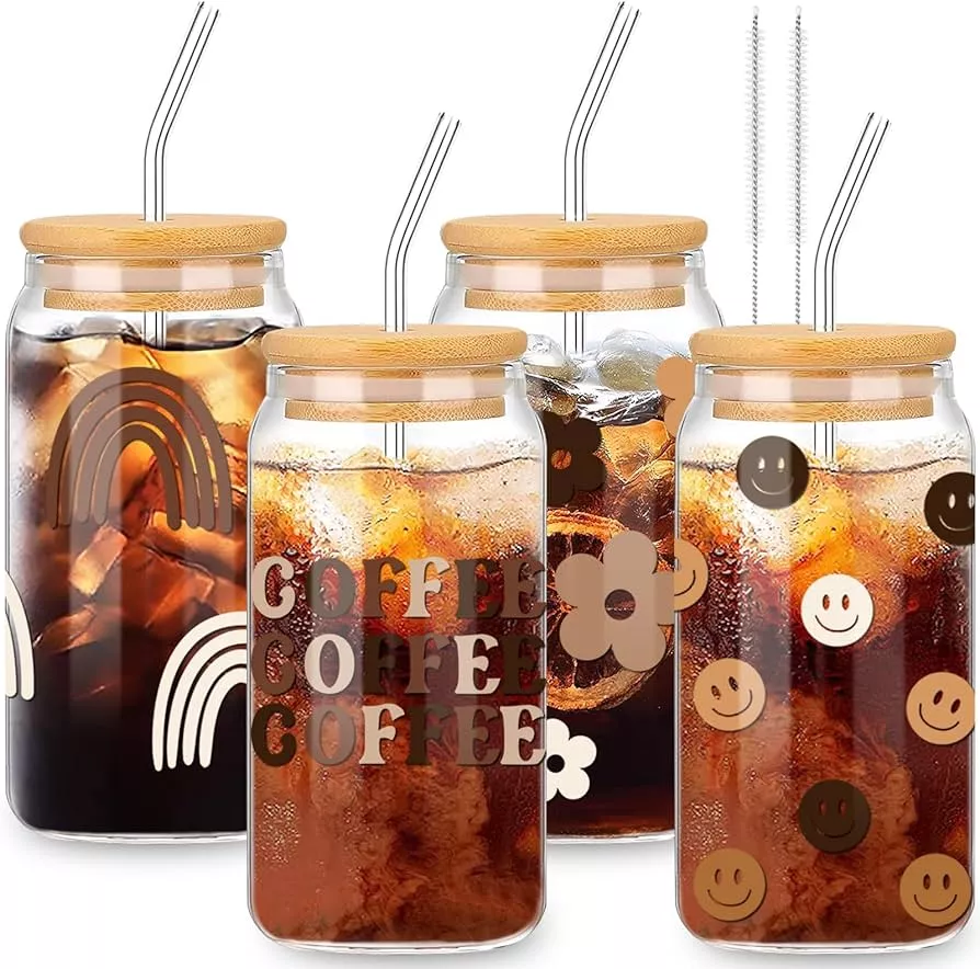 4pcs aesthetic coffee cup ice coffee cold cup Set Glass Cups with Bamboo  Lids and Glass Straw - 16 oz Iced Coffee Glasses, Cute Tumbler Cup for