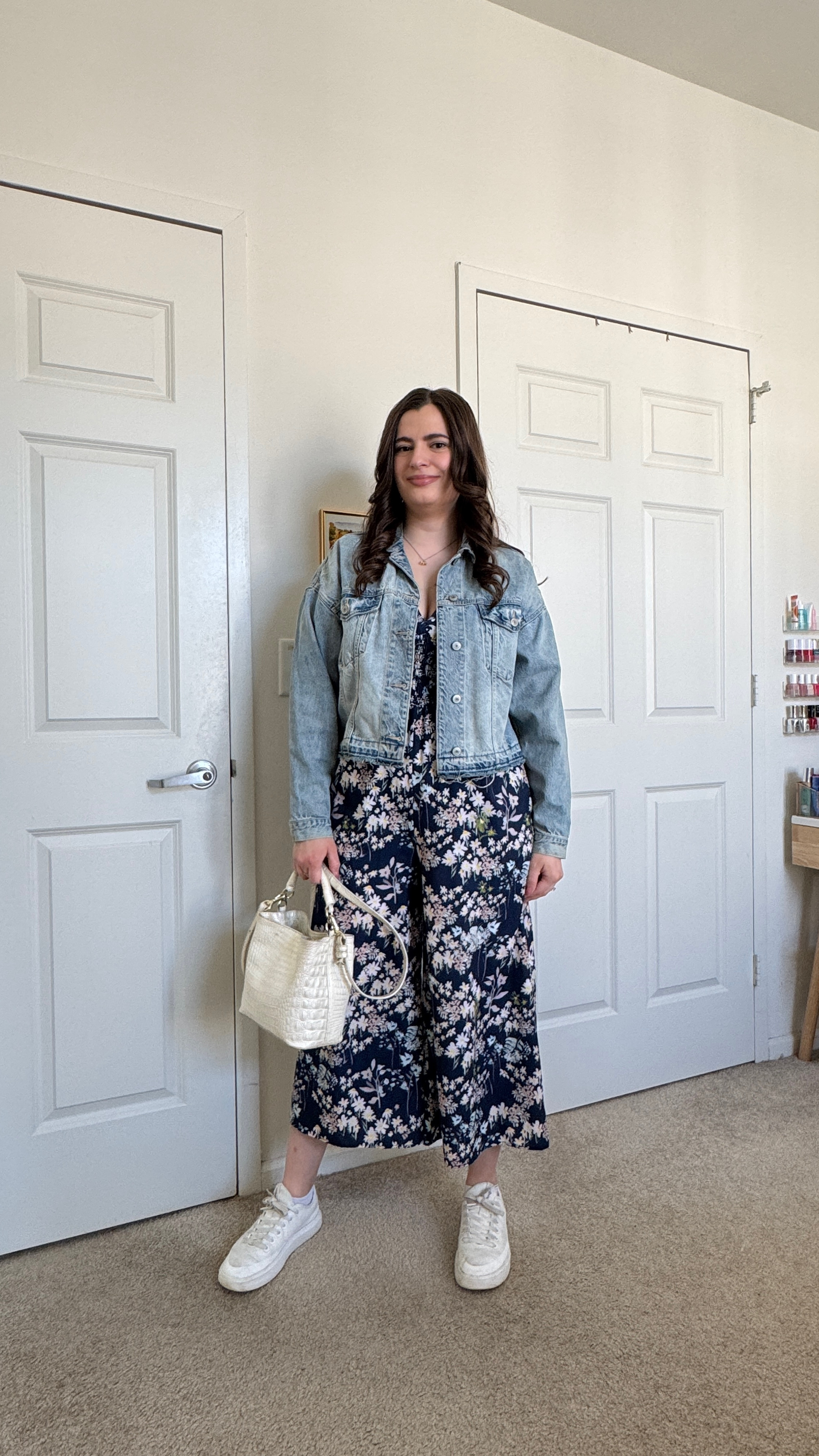 A cute spring outfit for a day in Brooklyn! I styled this American Eagle denim jacket with a jumpsuit from Hutch I’ve had for years (similar options linked) then I added my white Allbirds canvas sneakers and my white Brahmin crossbody bag  

#LTKStyleTip #LTKFindsUnder100 #LTKSeasonal