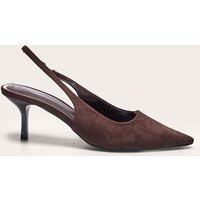 Chocolate Faux Suede Point Toe Sling Back Mid Heeled Courts | PrettyLittleThing US
