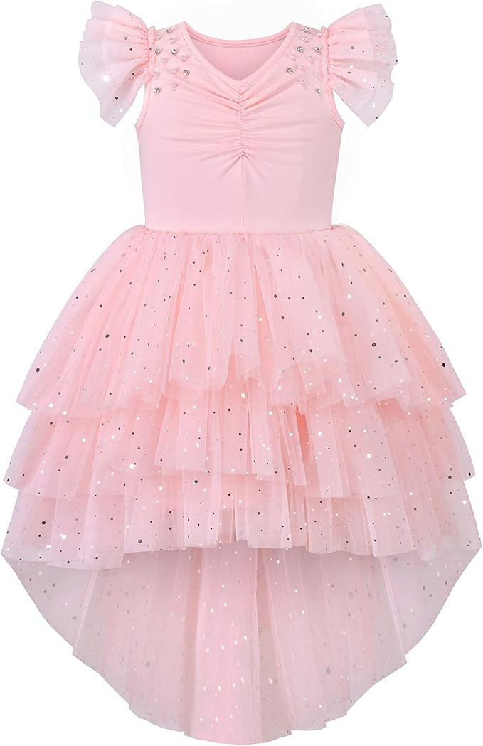 Sunny Fashion Girls Dress Pink Sequin Wedding Hi-Low Tulle Skirt Tutu Flutter Sleeve | Amazon (US)