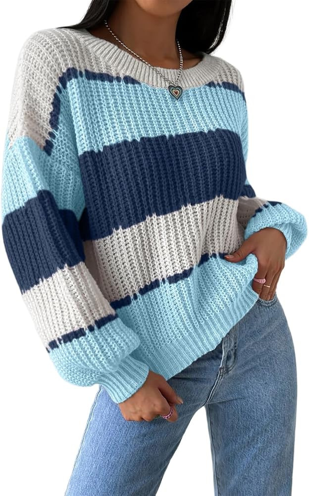SKAYS Women's Colorblock Striped Sweater Casual Loose Round Neck Drop Shoulder Knitted Pullover | Amazon (US)