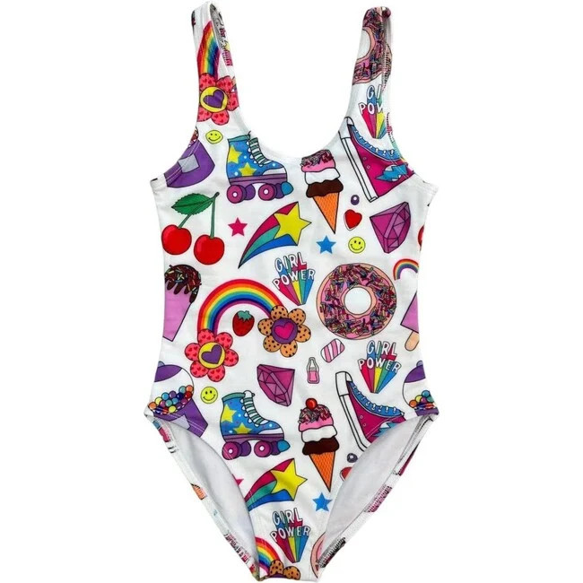 Lola + The Boys | Summertime Fun Print Sleeveless One-Piece Kids Swimsuit, (White, Size 14Y) | Maisonette | Maisonette