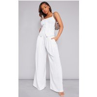 Premium White Woven Pleated Waistband Extreme Wide Leg Pants | PrettyLittleThing US