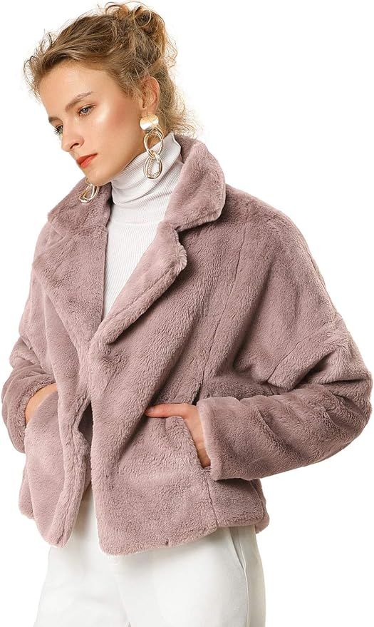 Allegra K Women's Cropped Jacket Notch Lapel Faux Fur Fluffy Coat | Amazon (US)