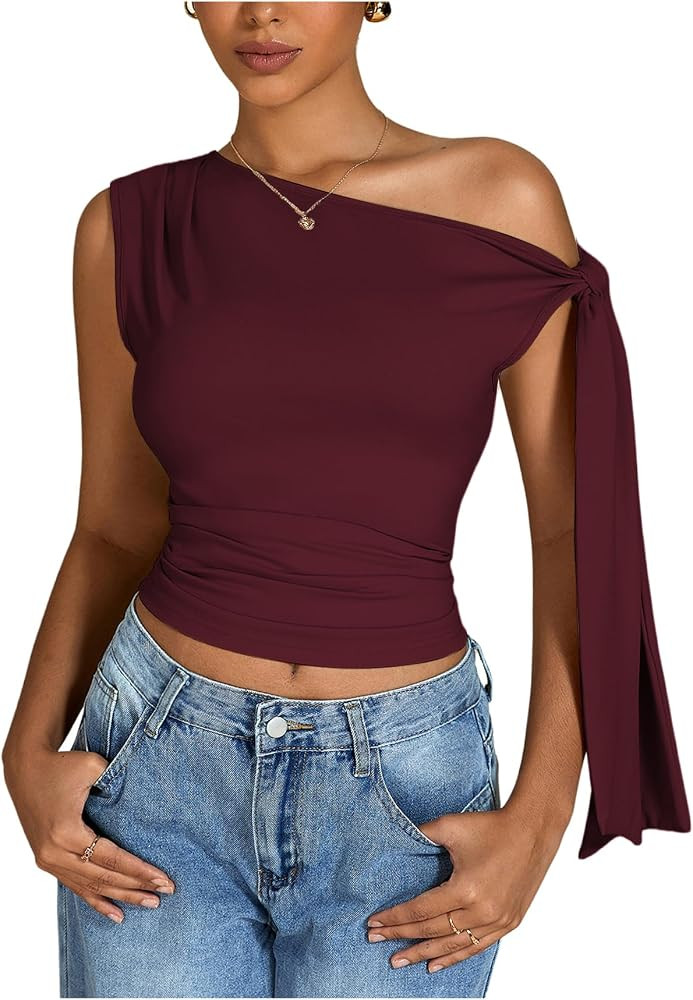 Milumia Women's Ruched One Off The Shoulder Tank Tops Asymmetrical Neck Tie Shoulder Going Out To... | Amazon (US)