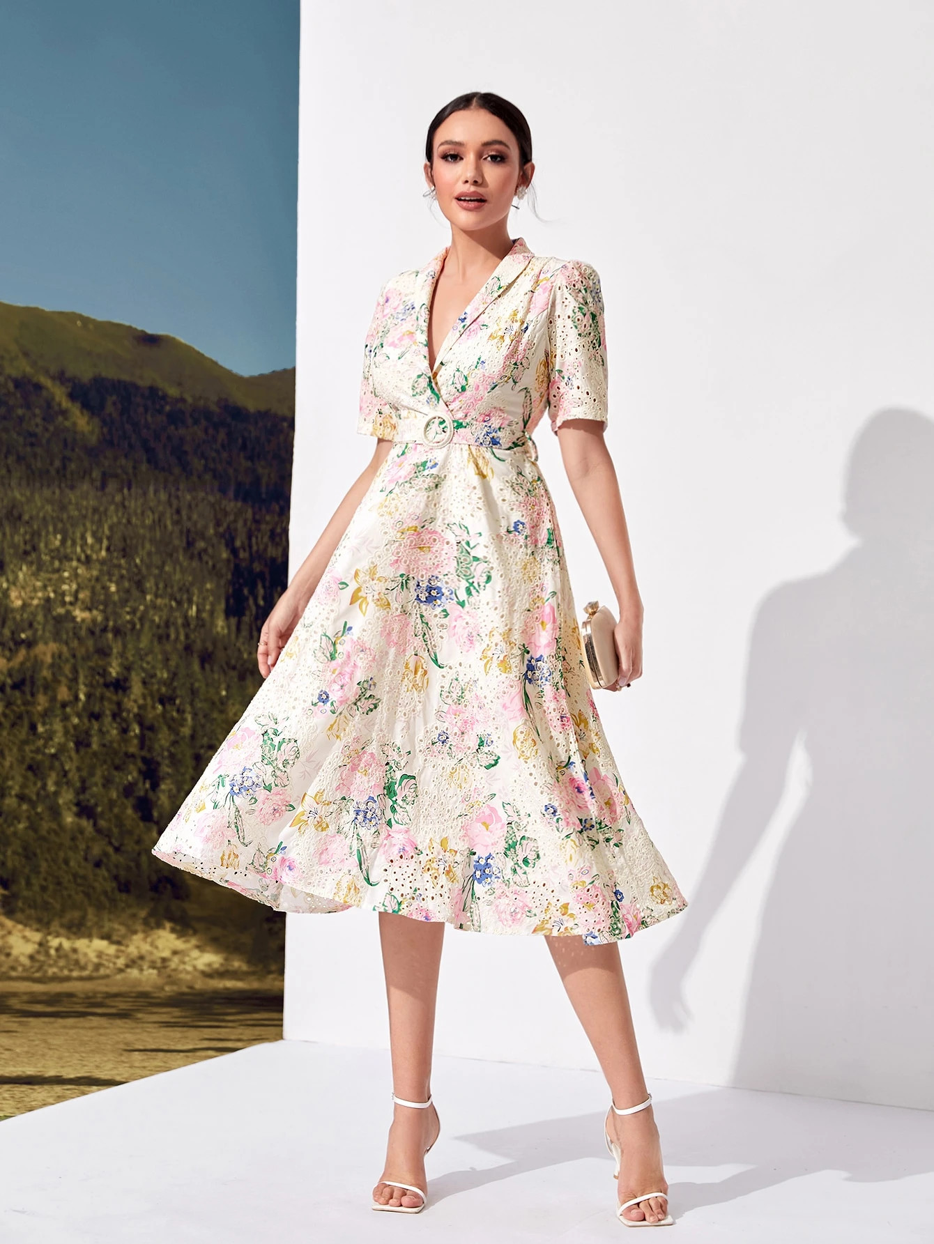 Floral Print Eyelet Embroidery Shawl Collar Belted Dress | SHEIN