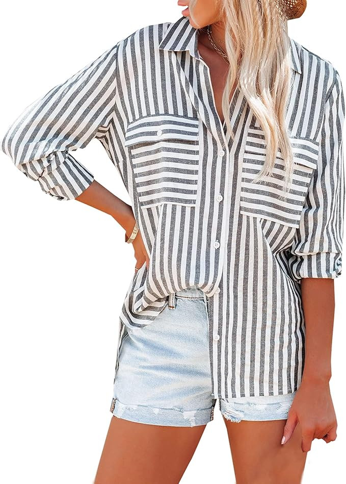 OMSJ Women's Striped Button Down Shirts Casual Long Sleeve Stylish V Neck Blouses Tops with Pocke... | Amazon (US)
