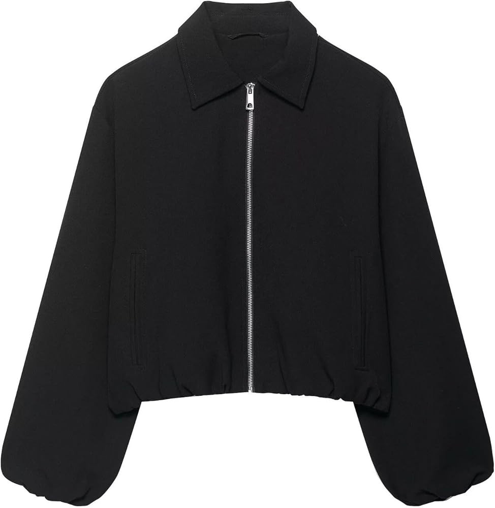 Women\u2019s Cropped Bomber Jacket Puffed Sleeves Zip Up Trendy Casual Streetwear Outerwear with ... | Amazon (US)