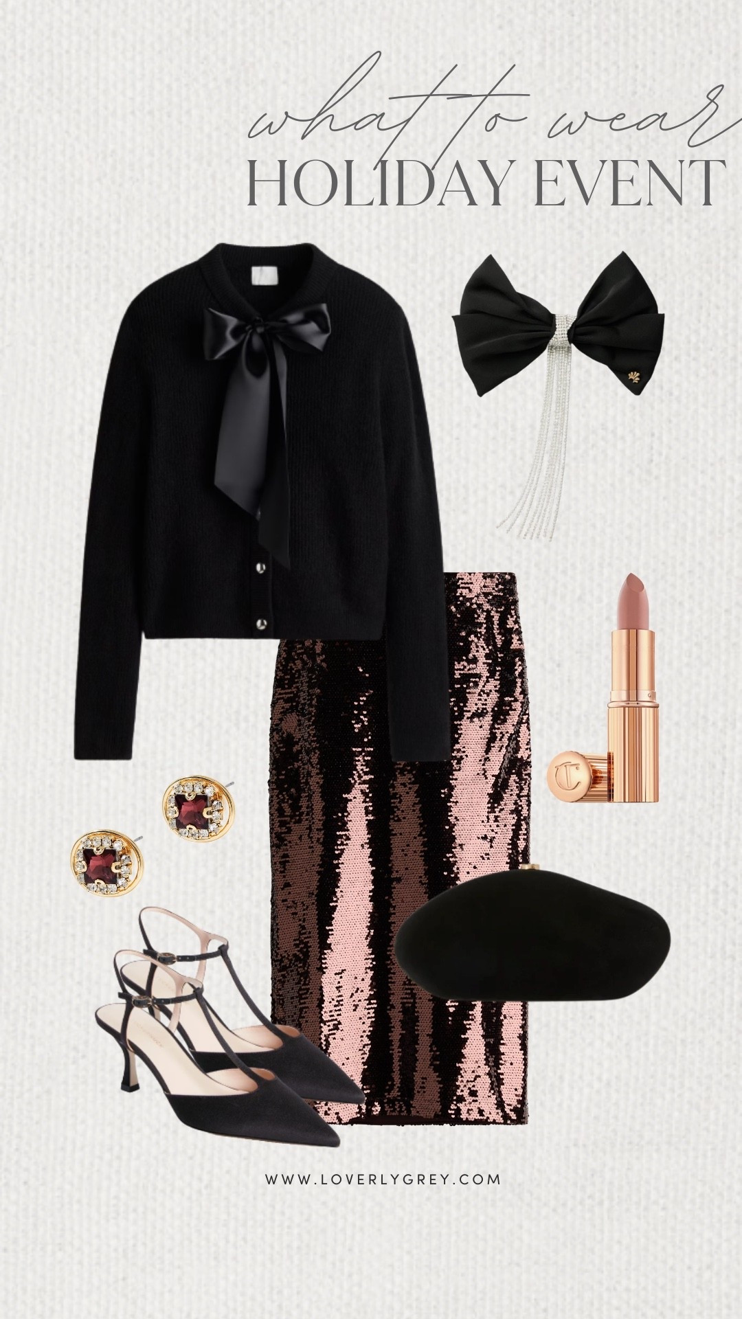 Loverly Grey, what to wear to a holiday event. I am loving this sequin midi shirt paired with a long sleeve top with a cute bow detail at the collar. I paired the look with heels, a bow hair clip, and a black clutch to complete the look. Loverly Grey, what to wear, holiday eventt

#LTKFindsUnder100 #LTKHoliday #LTKootd
