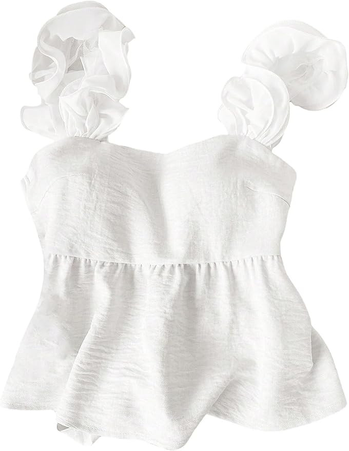 OYOANGLE Women's Ruffle Trim Babydoll Tank Top Sleeveless Bow Tie Back Cute Fairy Tops | Amazon (US)