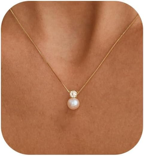 Pearl Necklaces for Women, Dainty Gold Necklace 14K Gold Plated Charm CZ Pearl Pendant Necklace S... | Amazon (US)