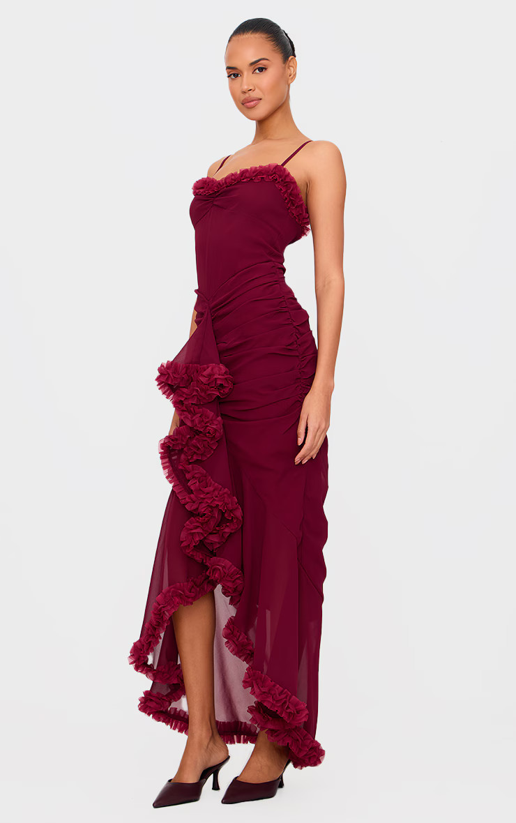 Burgundy Strappy Ruched Drape Detail Maxi Dress | PrettyLittleThing US