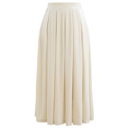 Velvet Sheen Pleated Midi Skirt in Cream | Chicwish