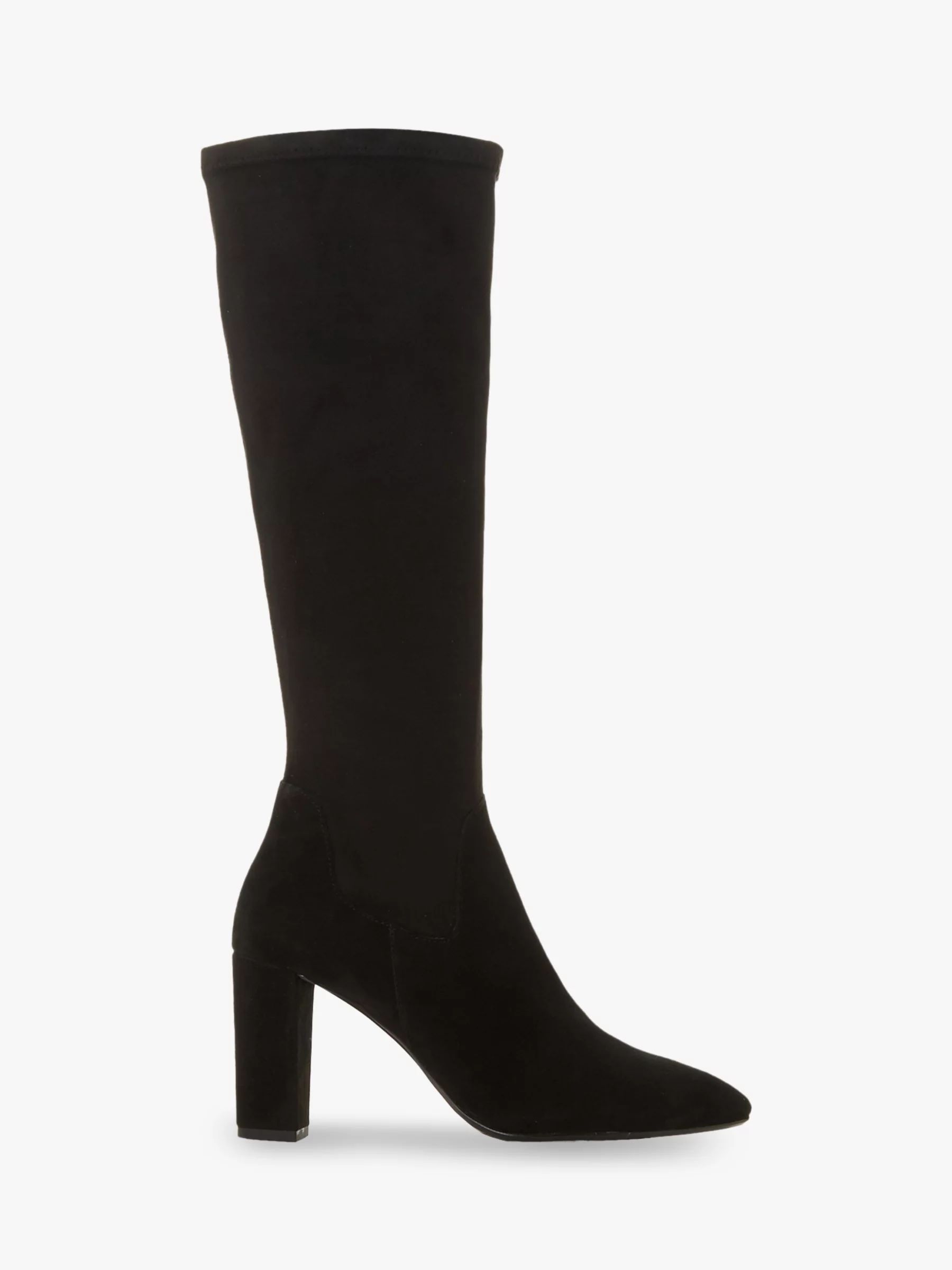 Dune Siren Stretch Block Heel Almond Toe Boots, Black | John Lewis (UK)