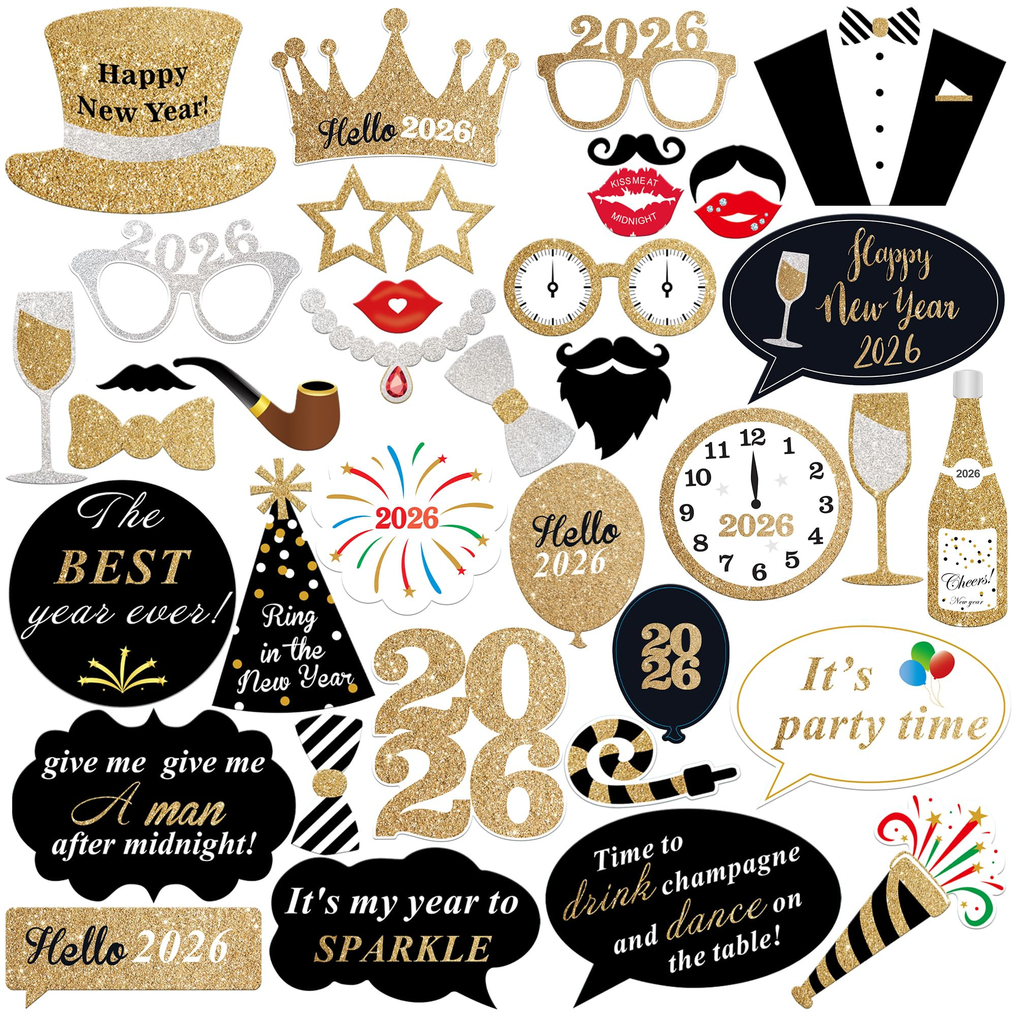 Katchon, Glitter New Years Photo Booth Props - Pack of 35 | NYE Photo Booth Props for New Years E... | Amazon (US)