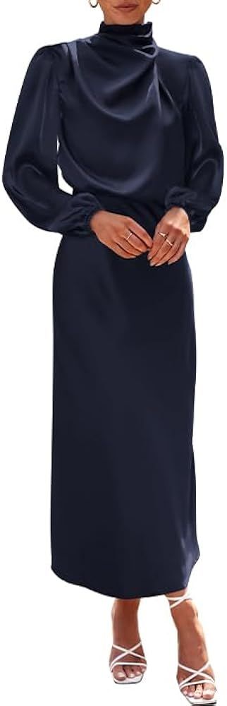BTFBM Women's Mock Neck Satin Dress Elegant Long Sleeve Elastic High Waist Formal Wedding Cocktai... | Amazon (US)