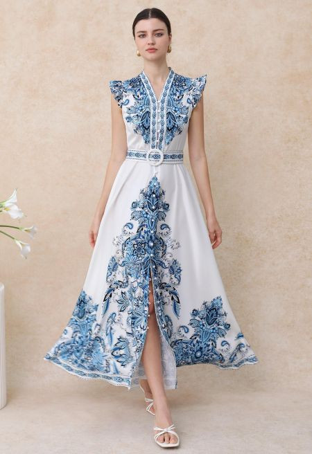 Floral Tile Printed Button Down Sleeveless Maxi Dress | Chicwish