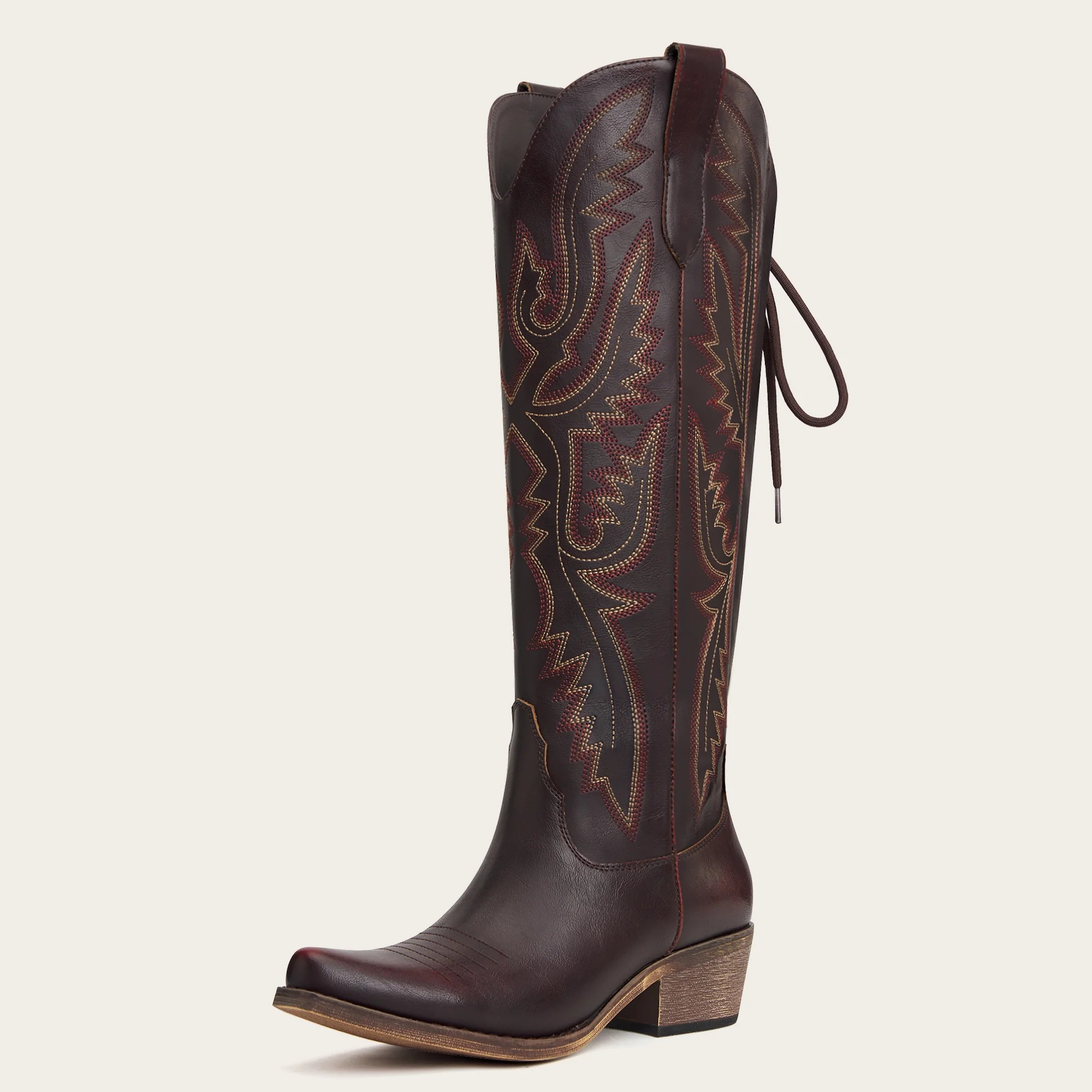 The Withersteen - Mahogany Brown Wide Calf Cowgirl Boots with Bold Embroidery and Lace-Up Back | REDTOP