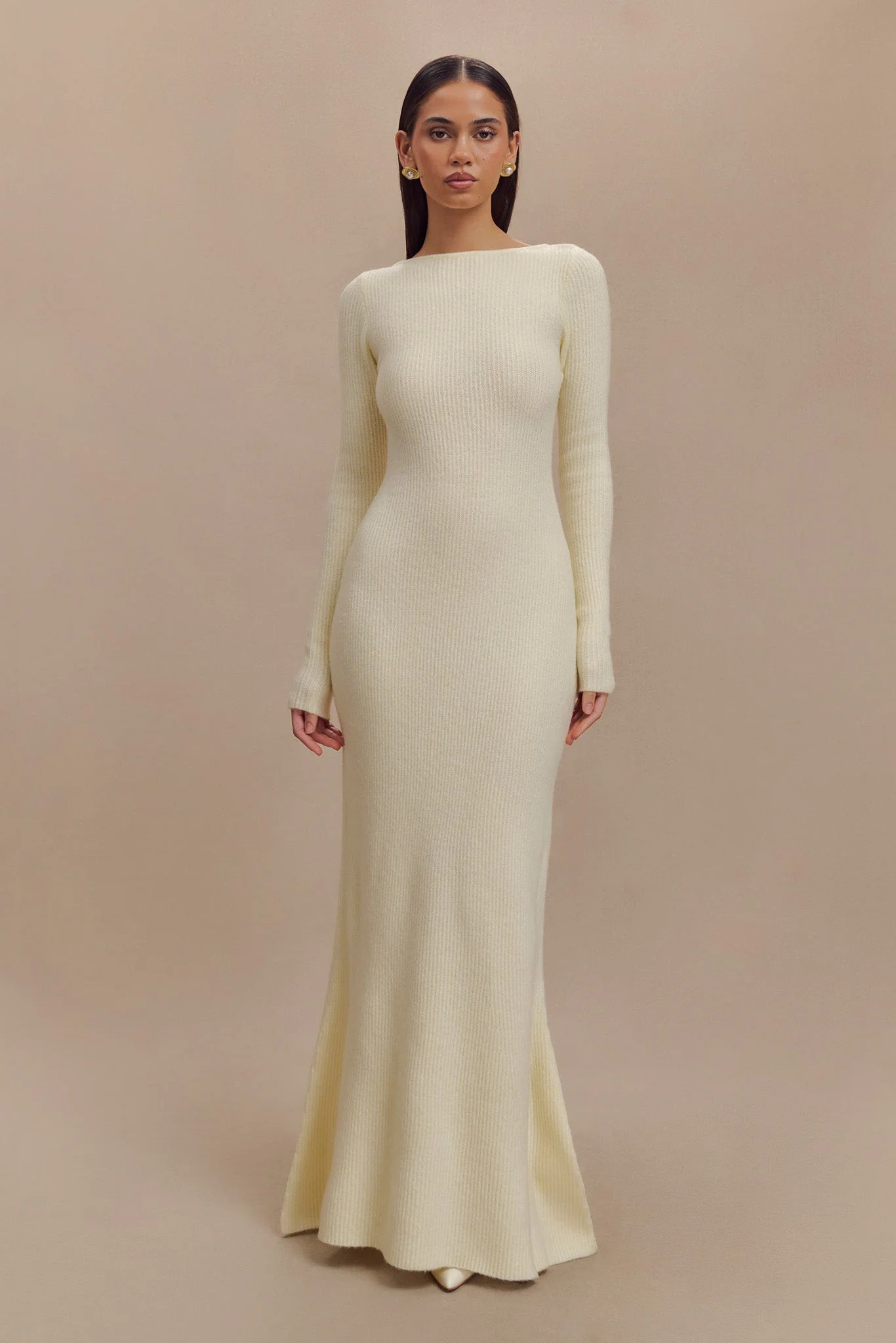 Emily Long Sleeve Knit Maxi Dress - Ivory Marle | MESHKI US