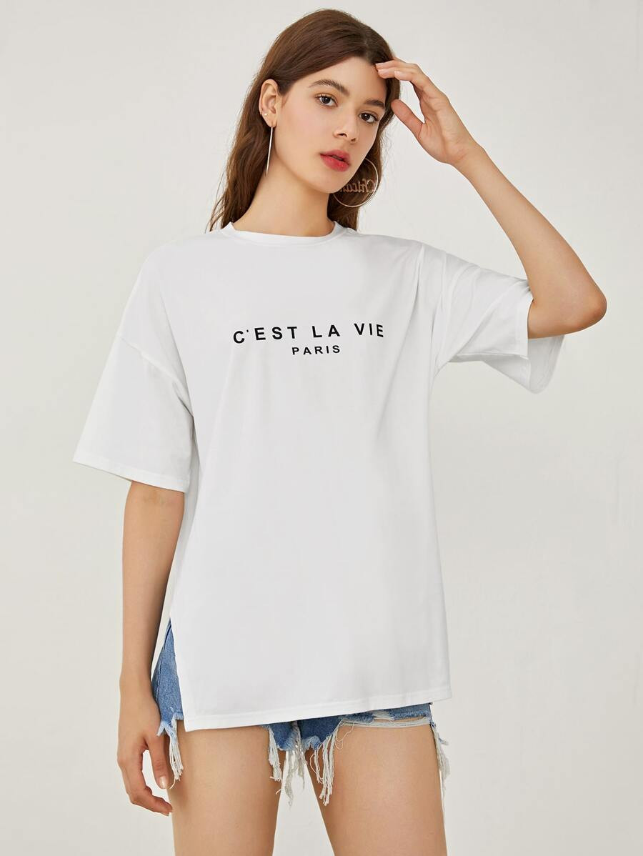 SHEIN Drop Shoulder Slogan Graphic Longline Tee | SHEIN