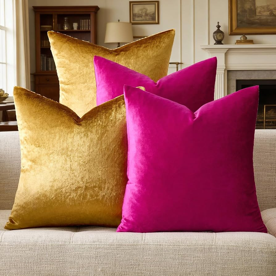 GIGIZAZA Decorative Velvet Pillow Covers - 16x16 Throw Pillows Soft Hot Pink Gold Covers Accent f... | Amazon (US)