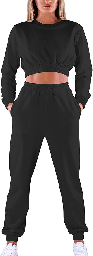 Mokoru Women's Workout 2 Piece Outfits Tracksuit Long Sleeve Crop Tops Joggers Pants Sets Sweatsu... | Amazon (US)