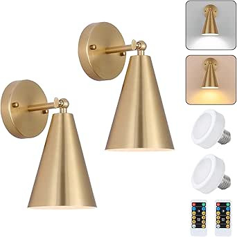 Gold Battery Operated Wall Sconces Set of Two,Wireless Indoor Led Lighting with Remote Control, M... | Amazon (US)