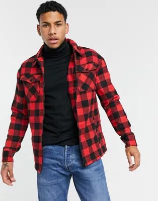 Soul Star zip-thru plaid flannel shirt with double pocket in red | ASOS (Global)