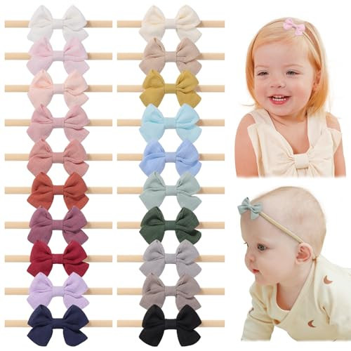 jollybows 20pcs Baby Girl Bow Headbands Newborn Nylon Hairband 2" Neutral Linen Infant Hair Bows | Amazon (US)
