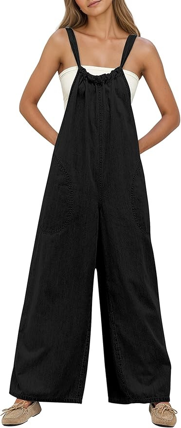 YUENIU Women's Slouchy Denim Overalls Wide Leg Jumpsuit Casual Adjustable Tie Back Backless Jean ... | Amazon (US)