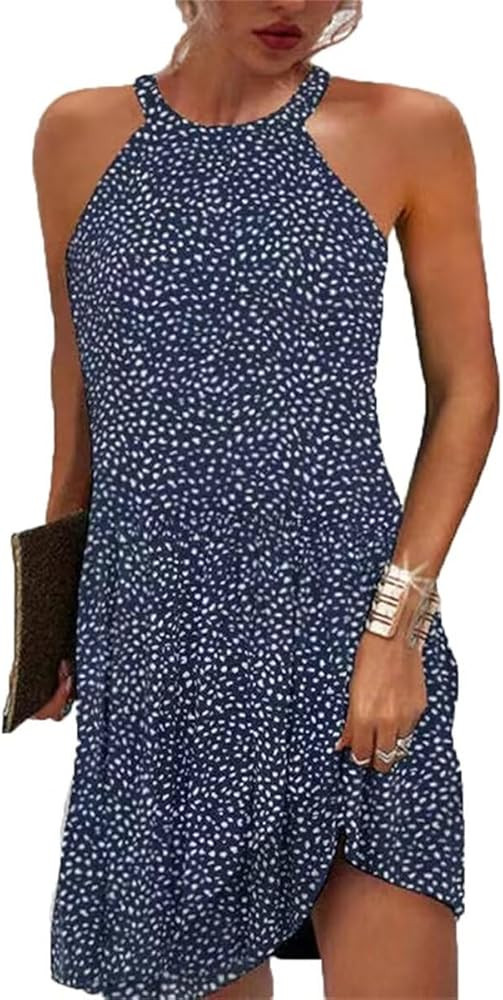 Women Summer Sleeveless Halter Neck Dresses 2026 Casual Floral Print Dress Sun Dresses for Party ... | Amazon (US)
