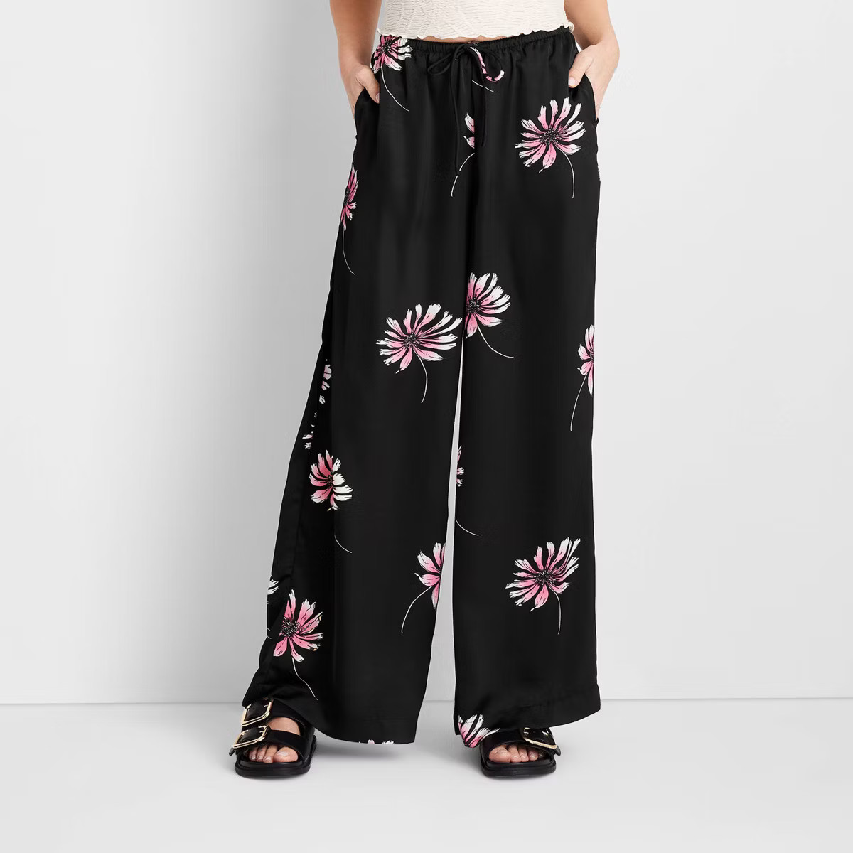 Women's Mid-Rise Wide Leg Satin Drawstring Pull-On Pants - Future Collective Black Floral | Target