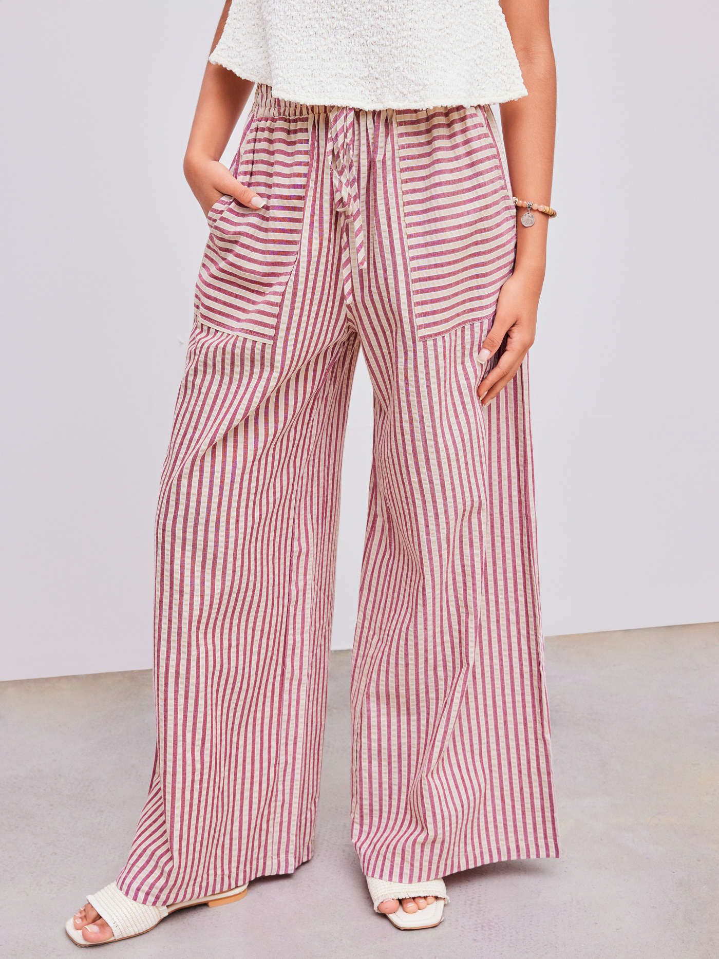 Woven Mid Rise Stripe Knotted Pocket Trousers | Cider